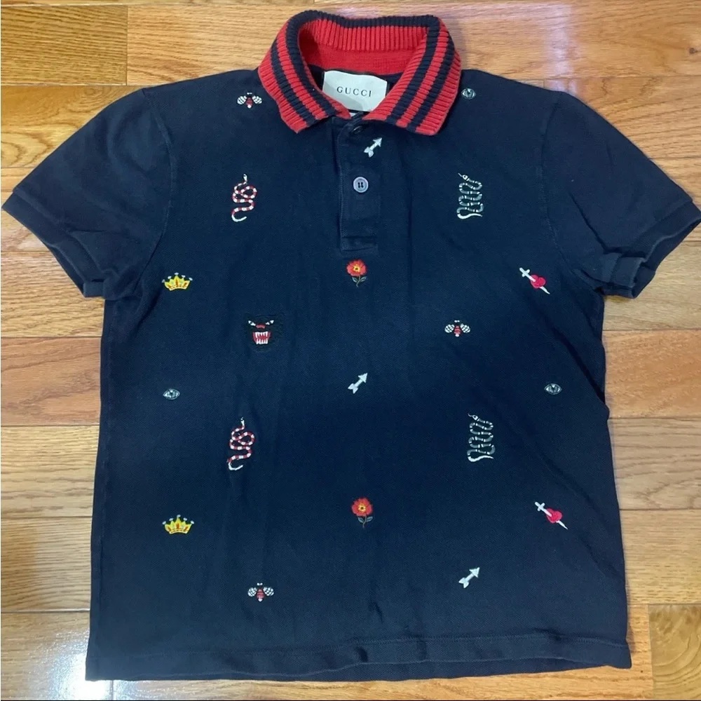 Gucci Kingsnake Crown Bee Eye Navy and Red Knit Polo Shirt